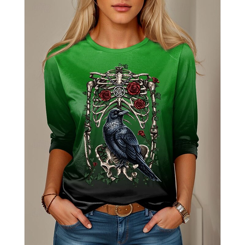 Rose By Sarah Richter Halloween Women's T Shirt Skulls Crew Neck Long Sleeve Tunic Graphic Vintage Stylish Classic  Regular Tops Daily Print3