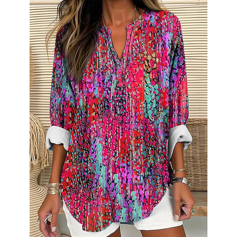 Women's Blouse Tunic V Neck Long Sleeve Boho Casual Tops Ombre Graphic Vintage Tropical Regular Tops Daily Wear Print Blue Purple Orange Green4