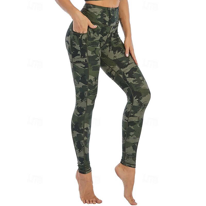 Women's Capri Leggings Yoga Leggings with Pockets Tummy Control High Waist Gym Athletic Pilates Bottoms Printing Black Army Green Green Fall Sports Activewear Tight Fit - Main Image