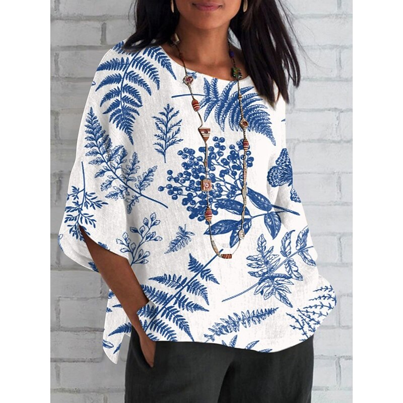 Women's Shirt Leaf Daily Casual 3/4 Length Sleeve Crew Neck Regular Tops Daily Holiday Print Royal Blue Blue Purple Green Summer Spring Fall3