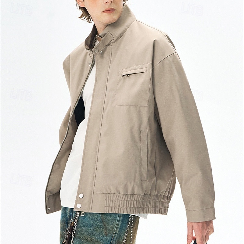 Men's Lightweight Jacket Casual Jacket Vacation Daily Windbreaker Pocket Spring Fall Plain Fashion Classic Stand Collar Regular Apricot Black Purple Green Khaki Jacket4