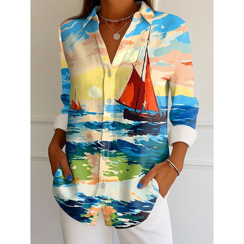 Women's Shirt Button Down Tunic Shirt Collar Long Sleeve Ombre Graphic Elegant Vintage Tropical Regular Tops Work Daily s Print Yellow Pink Blue Purple Spring2