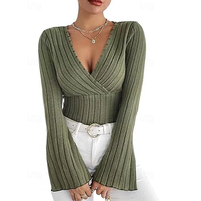 Women's Texture Blouse T Shirt Plain Fashion Modern Long Sleeve V Neck Regular Tops Daily Tunic Black Army Green Gray Summer3