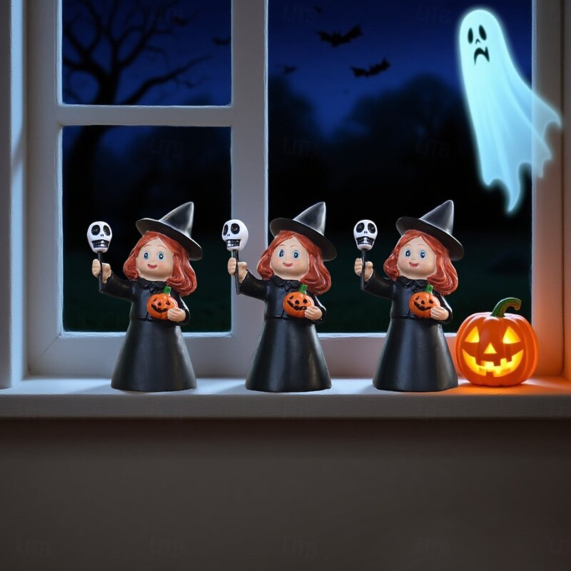 3PCS Halloween Resin Little Witch Figurines Set, Cute Spooky Decorations for Home Desktop, Bookshelf, Outdoor Yard, Lawn, and Planter Display4