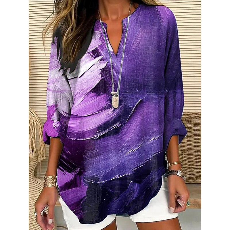 Women's Blouse Tunic V Neck Long Sleeve Boho Casual Ombre Graphic Geometric Vintage Daily Stylish Notched Neck Regular Tops Daily Print Purple Fall