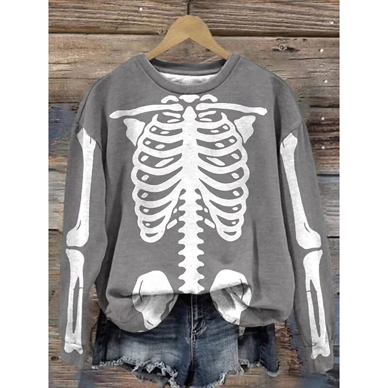 Halloween Women's Sweatshirts Skulls Graphic Casual Long Sleeve Crew Neck Regular Tops Street Dailywear Casual Print Black White Gray Fall Winter4