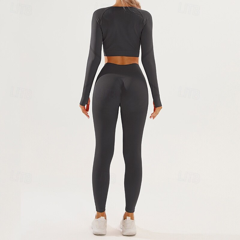 Women's 2 Pieces Yoga Sweatsuit Lounge Outfits  Fall Solid Color Clothing Suit Black Red Gym Workout High Waist Stretchy Breathable Long Sleeve Sport Activewear Slim3