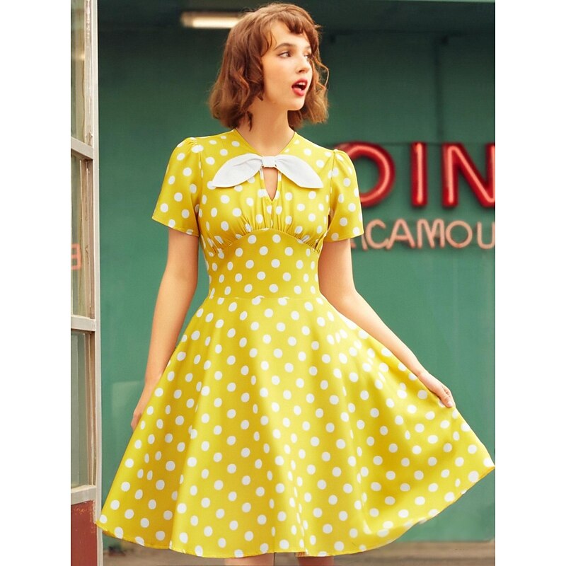 Retro Vintage 1950s Rockabilly Midi Swing Dress Flare Dress Polka Dot Round Neck Fancy Dress Women's Vacation Casual Retro Theme Party Adults Dress Spring & Summer