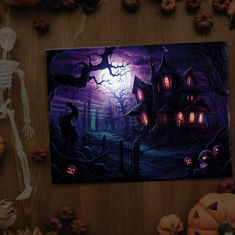 Halloween Haunted Mansion with Moonlight LED Canvas Wall Art - Battery Operated Lighted Wall Decor for 2025 Halloween home decoration light livingroom and bedroom4
