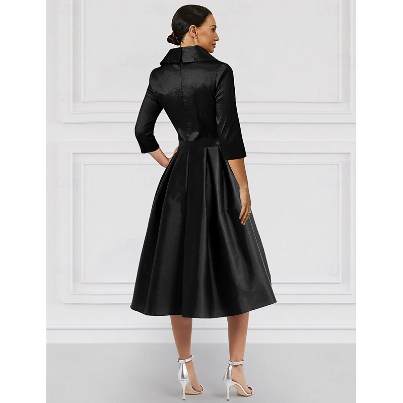 A-Line Portrait Collar Mother of the Bride Dress Stretch Taffeta Elegant Simple Minimalist V Neck Tea Length  Midi Length 3/4 Length Sleeve with Bow(s) Pleat3