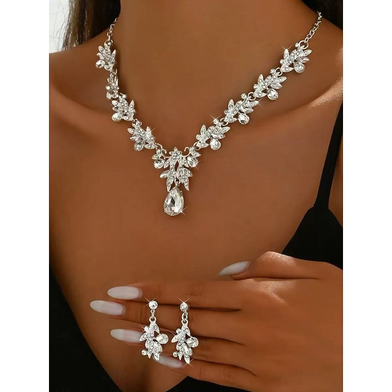 Women's Gold Rhinestone Jewelry Set with Teardrop Pendant - Elegant Leaf Design Necklace and Dangle Earrings for Brides, Wedding Guests, and Formal Evening Events4