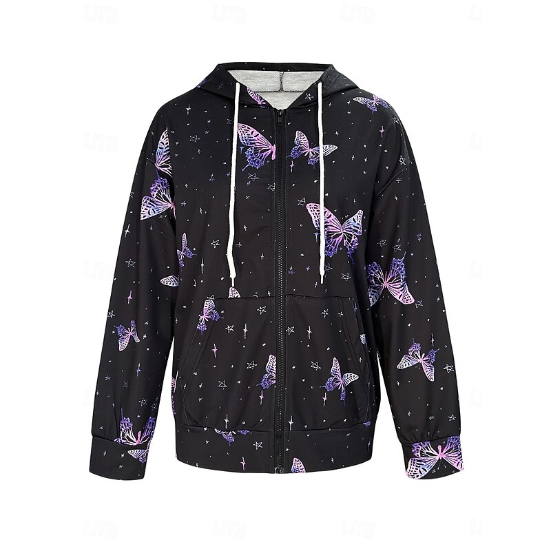 Women's Hooded Sweatshirt Jacket Long Sleeve Zip Up Hoodie With Pocket Lightweight Casual Micro-elastic Graphic Butterfly Fashion Street Dailywear Pocket Print Purple Spring Fall2