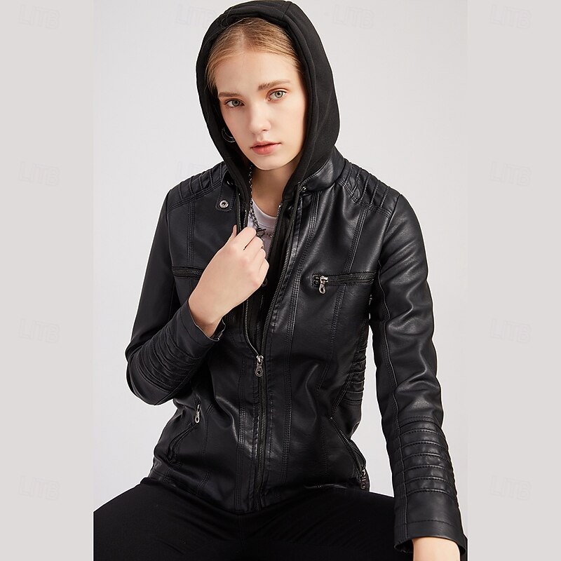 Women's Faux Leather Jacket Comfortable Pocket Full Zip Fashion Street Style Plain Outdoor Casual Daily Regular Hooded Regular Fit Long Sleeve Outerwear Black White Red Spring Fall3