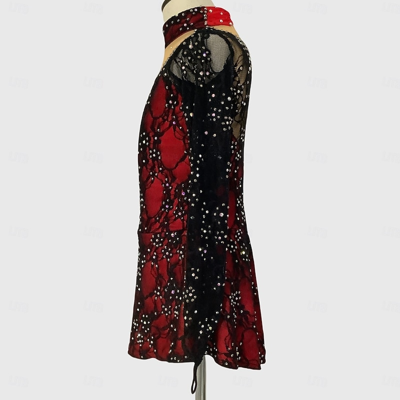 Figure Skating Dress Women's Girls' Ice Skating Dress Black+Red Thumbhole Asymmetric Hem Mesh Spandex Lace Stretchy Training Practice Professional Skating Wear Thermal Warm Classic Crystal3