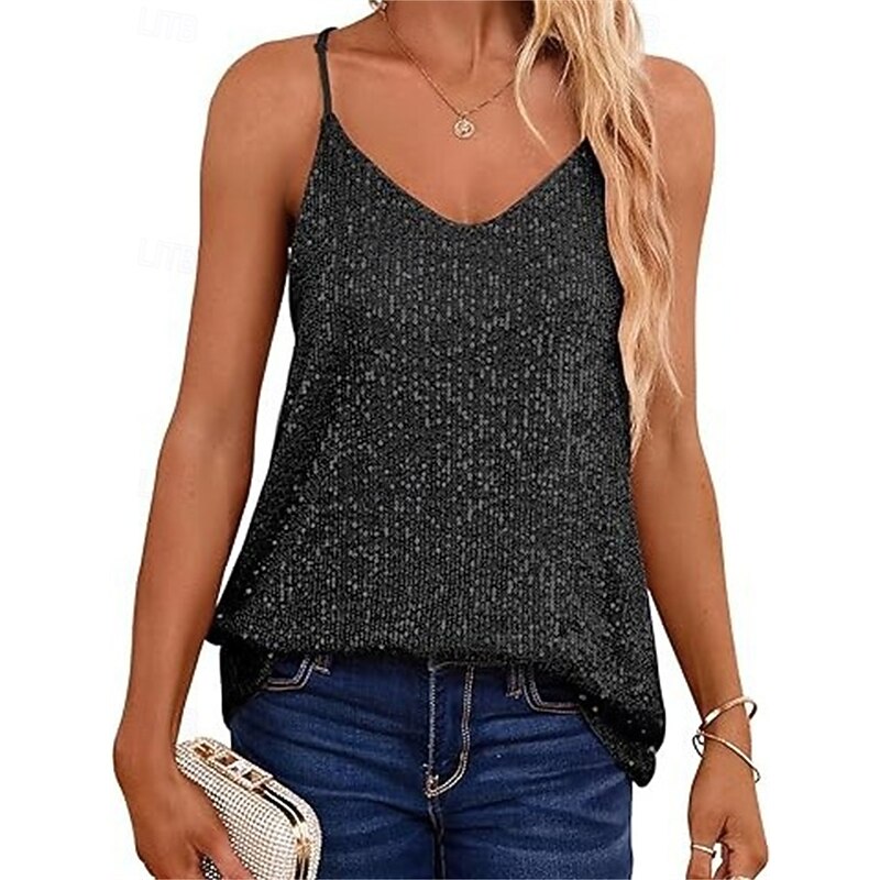 Women's Sequin Sparkly Party Glitter Sparkly Party Stylish Sleeveless Strap V Neck Regular Tops Party Evening Wear Daily Sequins Sparkle Silver Black Blue Gold Summer3
