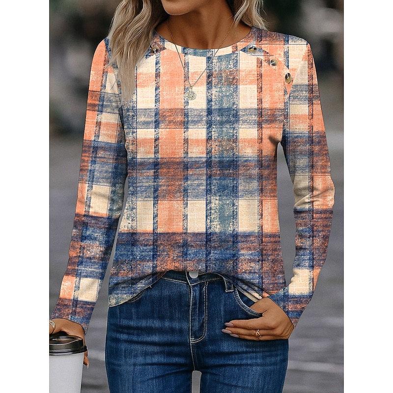 Women's Sweatshirts Graphic Geometric Vintage Classic Casual Long Sleeve Crew Neck Regular Tops Buttons Print Yellow Pink Wine Orange Spring Fall Winter4