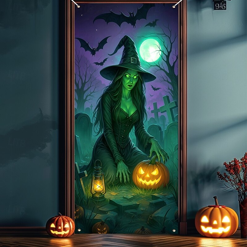 Halloween Door Cover Neon Witch over Cauldron Banner, Glowing Blacklight Entrance Decoration for Outdoor & Indoor 2025 Halloween Bedroom, Living Room, Bathroom4
