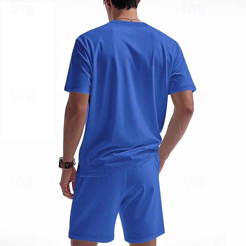 Men's Waffle Shirt T-shirt Suits 2 Pieces Outfits Tee & Shorts Short Sleeve V Neck Summer Plain Fashion Casual Lace up 2 Piece Vacation Daily Wear Going out Black White Royal Blue Top Tee for Men3