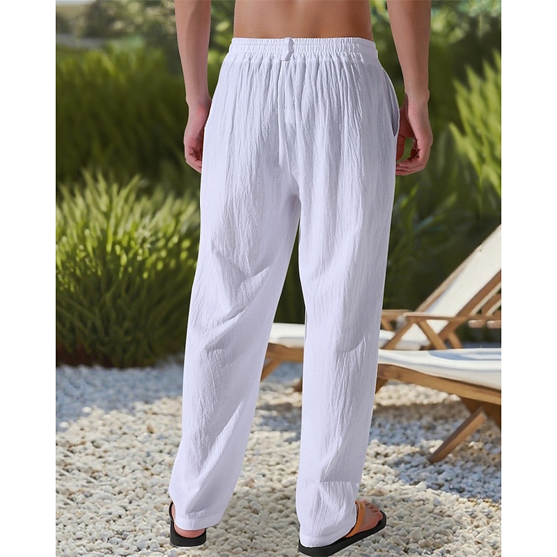 Men's Linen Pants Trousers Summer Pants Beach Pants Pocket Elastic Waist Drawstring Plain Comfort Breathable Vacation Daily Holiday Hawaiian Boho Dark Khaki Black3