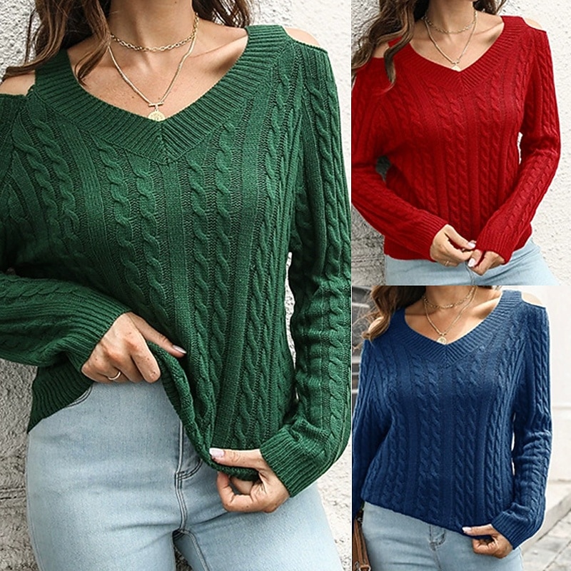 Women's Pullover Casual Solid Color Chunky V Neck Knitted Long Sleeve Regular Tops Knit Daily Holiday Going out Red Blue Fall Winter - Main Image