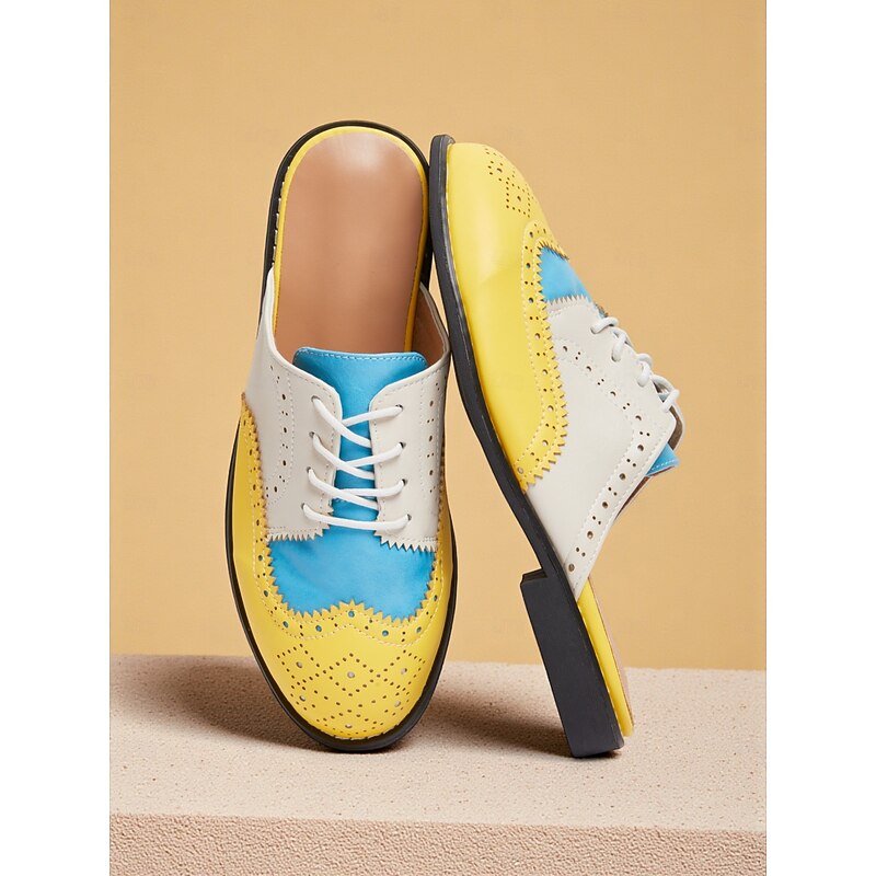 Women's 1950s Vintage Colorblock Wingtip Mule Oxford Shoes - Yellow Blue Slip-On Lace-Up Flats for Casual Street Style, Outings and Weekend Travel2