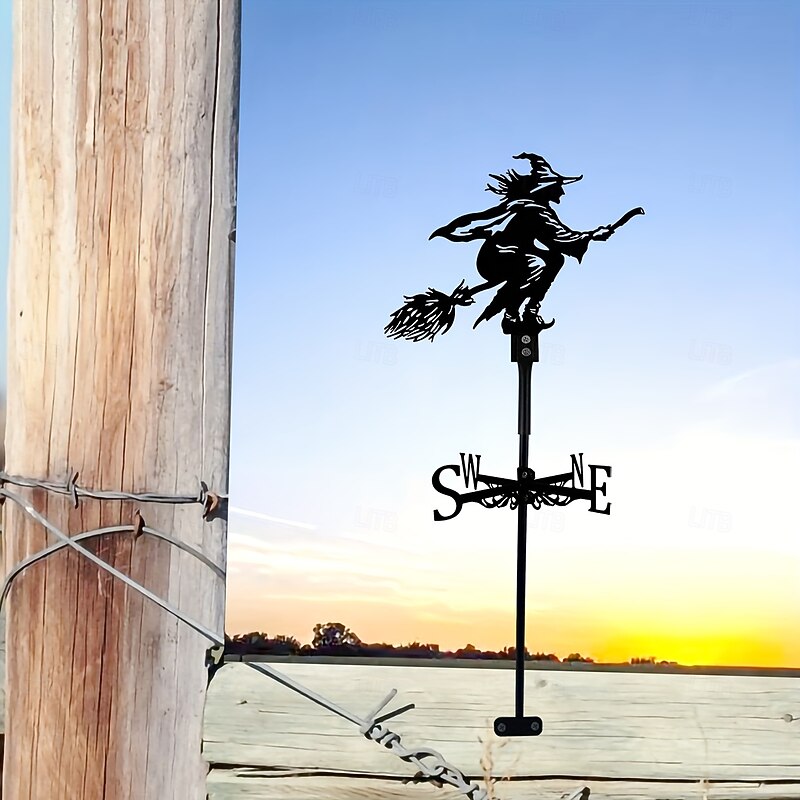 Black Iron Witch On Broomstick Weathervane - 1pc Silhouette Outdoor Fence & Farmhouse Decor - Garden Stake Yard Sign For Lawn & Garden Rustic Halloween Direction Indicator Kit