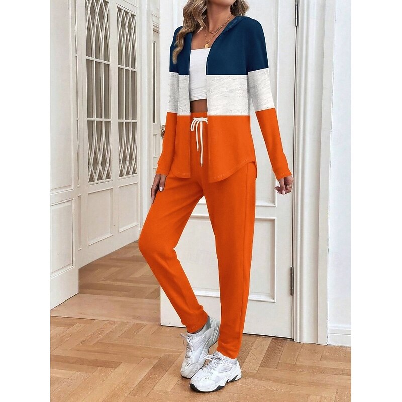 Women's 2 Pieces Hoodie Tracksuits Pants Sets Long Sleeve Active Daily Hooded Graphic Geometric Gradient Drawstring Print Outdoor Casual Orange Spring Regular Fit4