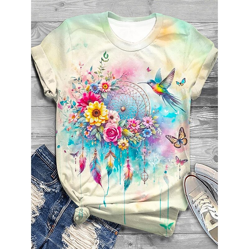 Women's T Shirt Ombre Graphic Animal Vintage Casual Short Sleeve Crew Neck Regular Tops Daily Weekend Print Pink Blue Sky Blue Orange Khaki Summer Spring4