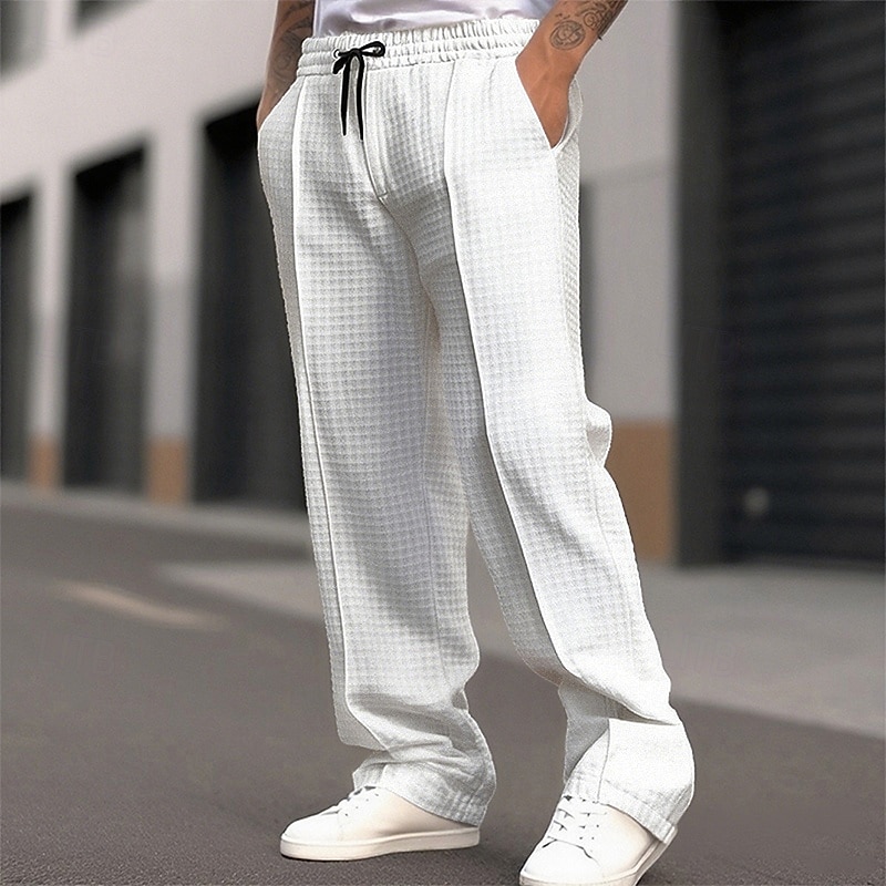 Men's Sweatpants Joggers Trousers Waffle Pants Pocket Elastic Waist Drawstring Plain Comfort Sports Outdoor Daily Fashion Casual Black White Micro-elastic