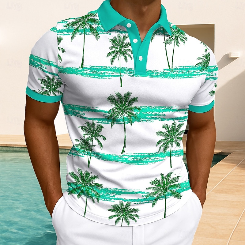 Men's Palm Tree Polo Hawaiian Polo Shirts Short Sleeve Polo Shirts Collared Shirts Casual Resort Daily Wear Home Wear Vacation Wear 3D Print Buttons Summer White Light Green Blue2