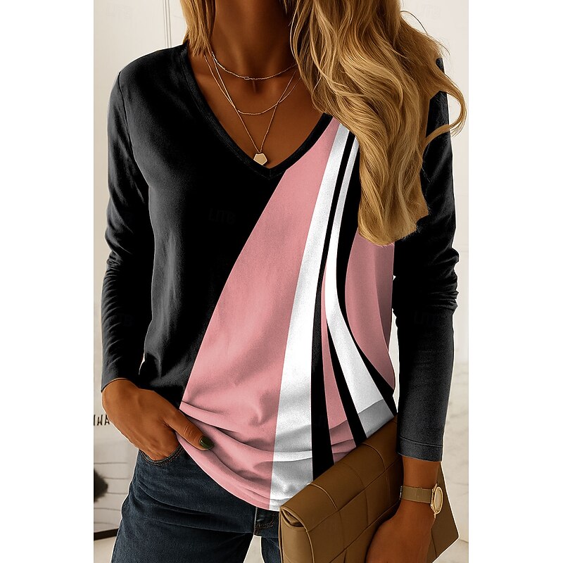 Women's T shirt Long Sleeve V Neck Long Sleeve Tunic Graphic Geometric Vintage Stylish Classic Regular Tops Daily Print Pink Blue Purple Green Gray Spring Fall Prefall3