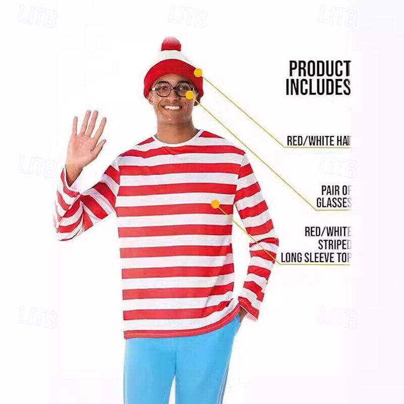 Where's Wally Cosplay Costume Outfits Storybook Characters Casual Movie Cosplay for Men's Adults' Halloween Carnival World Book Day Performance Educational Dress Up School Event Dress Up2