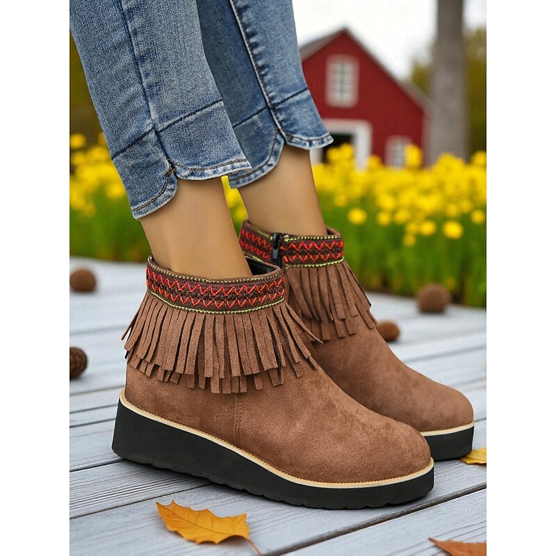 Women's Brown Faux Suede Fringe Wedge Ankle Boots – Western Style Casual Shoes for Garden Strolls, Fall Festivals & Farm Days2