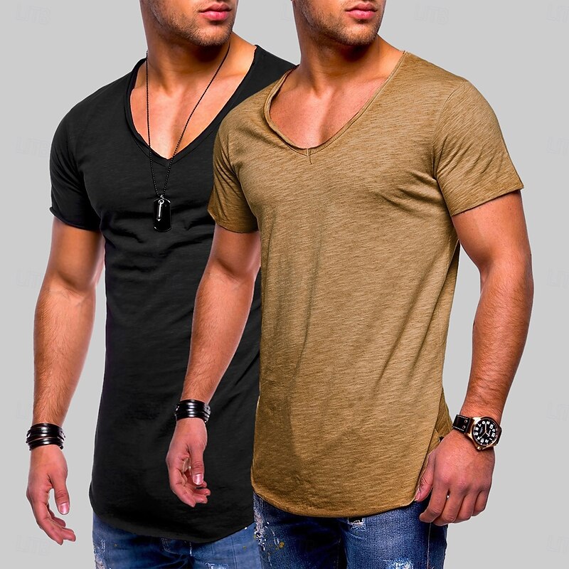 Men's T Shirt Short Sleeve V Neck Summer Solid Color Casual Esencial 2 Piece Casual Sports Dark Blue+White Black+Grey Light Grey + Army Green Top Tee for Men3