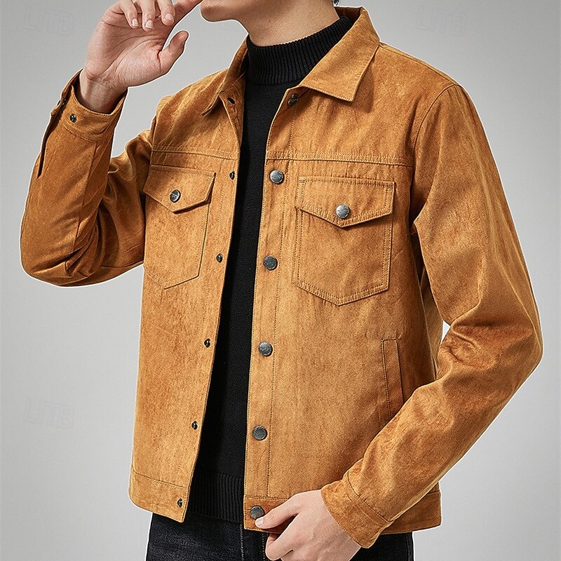 Men's Lightweight Jacket Cargo Jacket Casual Jacket Faux Suede Jacket Vacation Daily Pocket Spring Fall Plain Fashion Classic Lapel Regular Black Khaki Army Green Jacket