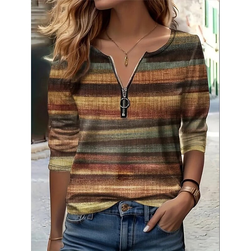 Women's T Shirt Quarter Zip Long Sleeve Casual Graphic Geometric Striped Vintage Stylish Crew Neck Regular Tops Daily Yellow Red Blue Green Spring Fall Winter4