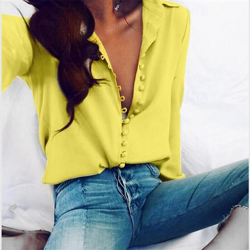 Women's Shirt Plain Daily Stylish Basic Long Sleeve Shirt Collar Regular Tops Work Daily Holiday Buttons Black White Yellow Spring Fall3