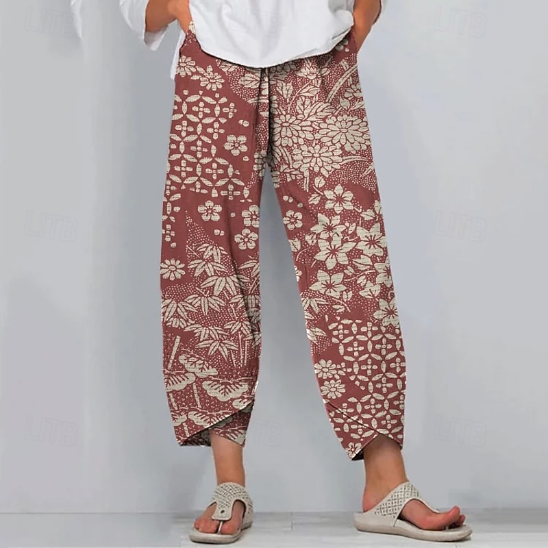 Women's Slacks Active Vacation Vintage Full Length High Waist Floral Graphic Elastic Waistband Comfy Breathability Soft Micro-elastic Outdoor Street Daily Red Navy Blue Purple Green Summer Spring2