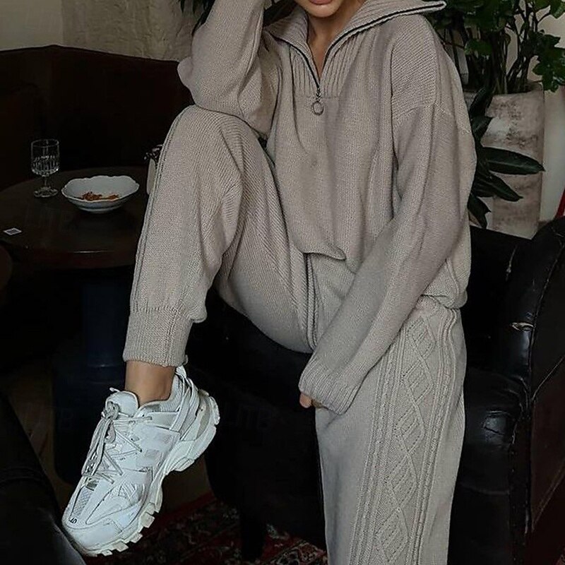 Women's Sweatpants Knitted Suit Quarter Zipper Solid Colored Clothing Suit Fall & Winter White Red Gym Training Running High Waist Windproof Moisture Wicking Long Sleeve Sport Activewear Micro-elastic