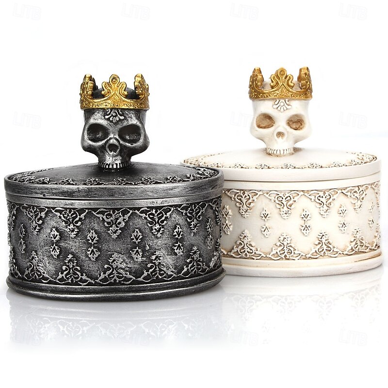 Halloween Statu Crown Skull Jewelry Storage Box with Lid Dustproof Handmade Candle Holder Unique Halloween Decor Small Resin Ornament for Home Tabletop Display