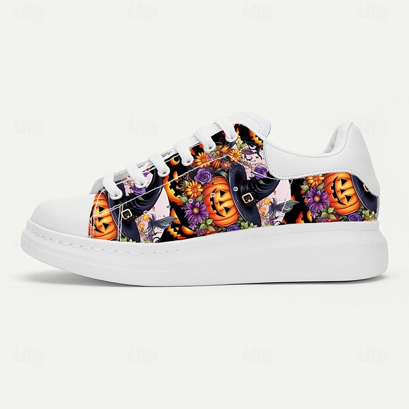 Men's White Sneakers with Colorful Pumpkin and Witch Pattern for Halloween Costumes, Festivals and Themed Events4