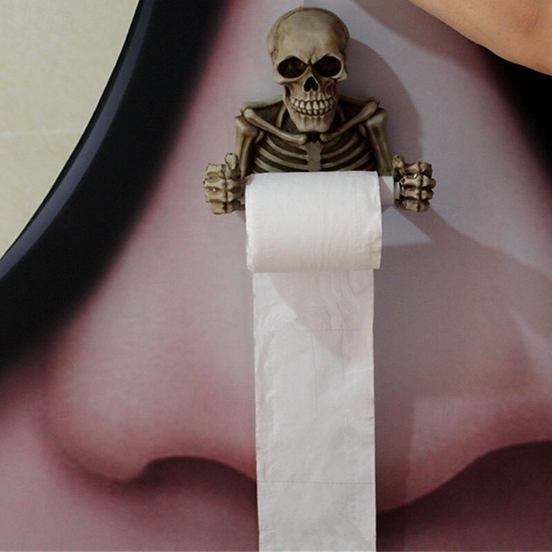 Halloween Skull Toilet Paper Holder Wall Mounted Vintage Style Skeleton Hand Paper Towel Rack Gothic Bathroom Tissue Dispenser Spooky Home Decor Unique Stretchable Rod4