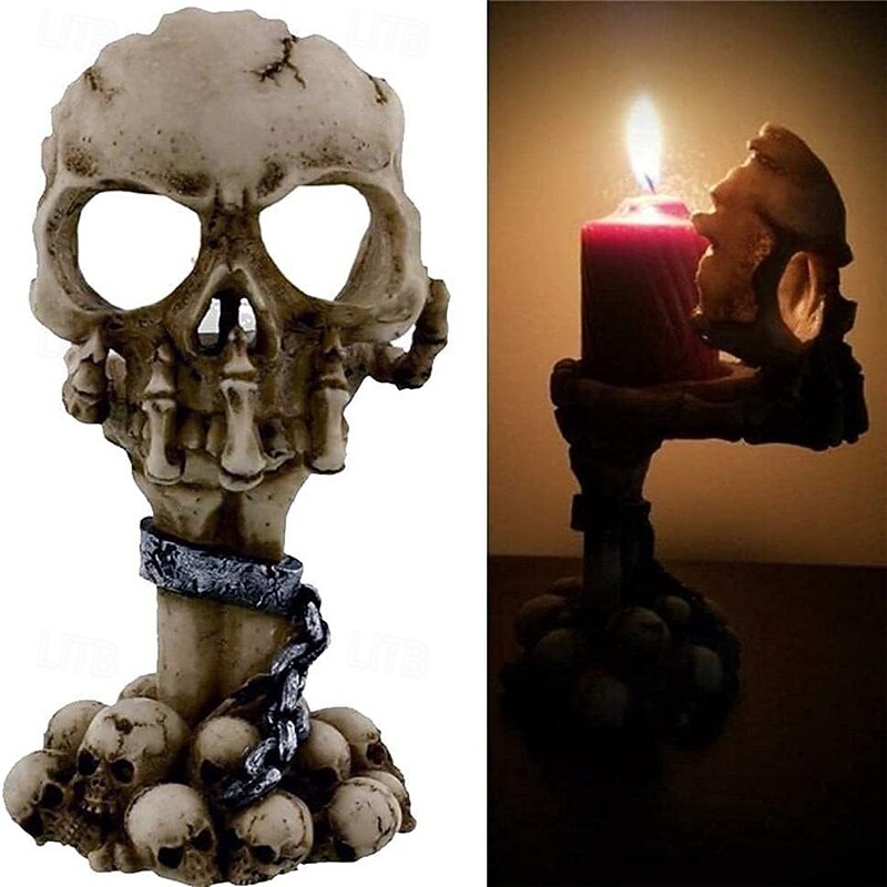 Spooky Tealight Candle Holder - Halloween Decorations Horror Skeleton Skull Candle Holders - Resin Candlestick Gothic Style Home Decor for Bedroom Living Room