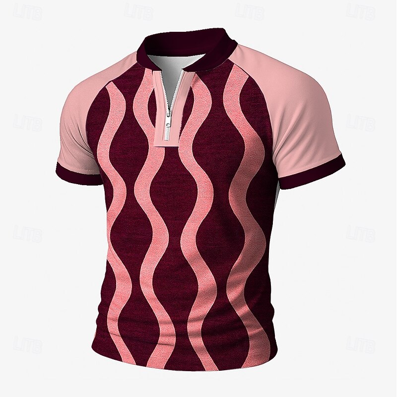 Men's Geometic Line Zip Polo Short Sleeve Stand Collar Business Modern Leisure Business Athleisure Casual Daily Zipper 3D Print Summer Robin's Egg Blue Green Red3