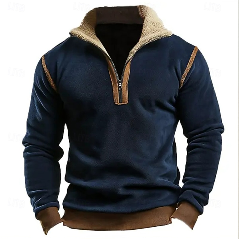 Men's Sweatshirt Fleece Sweatshirt Quarter Zip Sweatshirt Navy Blue Standing Collar Lapel Color Block Patchwork Sports & Outdoor Daily Streetwear Vintage Casual Spring Fall Clothing Apparel Hoodies