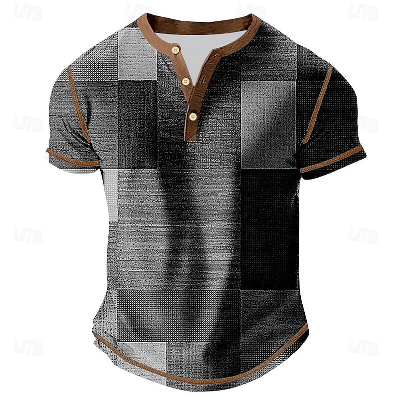Men's Plaid Color Block Henley Shirt Tee Short Sleeve Vintage Fashion Designer Outdoor Casual Daily Spring &  Fall Brown Gray Green Navy Blue Henley Henley T-Shirt3