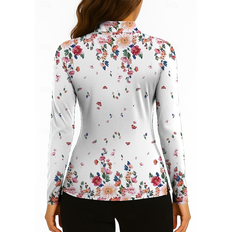 Women's Floral Golf Polo Shirt Tennis Shirt Tennis Sweatshirt Long Sleeve Print Quarter Zip Pullover UV Protection Elastic Breathable Tennis Golf Pickleball Stand Collar Zip Collar Shirt Polo Pink2
