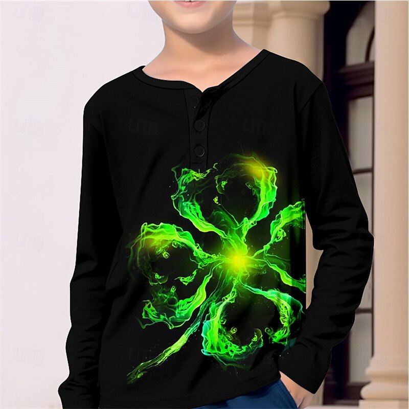 St. Patrick Boys 3D Four Leaf Clover Henley Shirt Long Sleeve 3D Print Spring Fall Sports Fashion Streetwear Polyester Kids 3-12 Years Crew Neck Outdoor Casual Daily Regular Fit