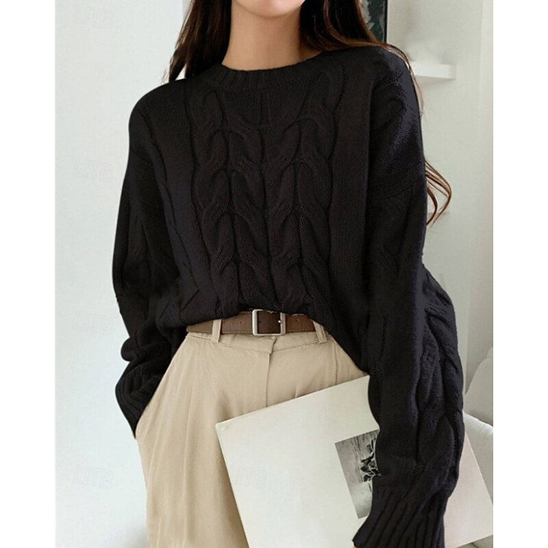 Women's Sweater Pullover Daily Stylish Casual Solid Color Ribbed Crew Neck Knitted Long Sleeve Regular Tops Knit Daily Holiday Going out Wine Red Navy Blue Fall Winter4