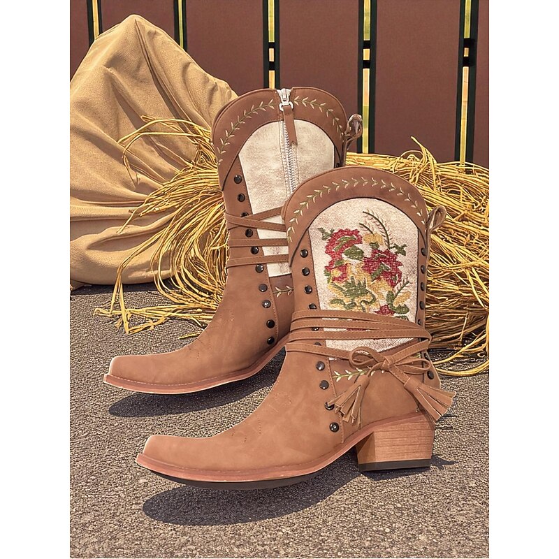 Women's Embroidered Western Boots with Fringe and Tassels – Boho Chic Boots for Farm Work and Casual Outings4